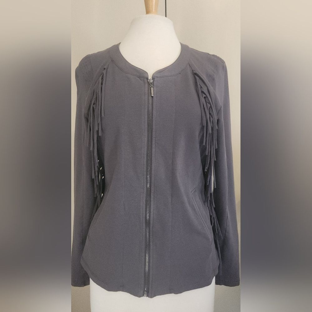 J50 Yest Jacket Womens Gray Cotton Stretch Full Zip Western Fringe Embroidered